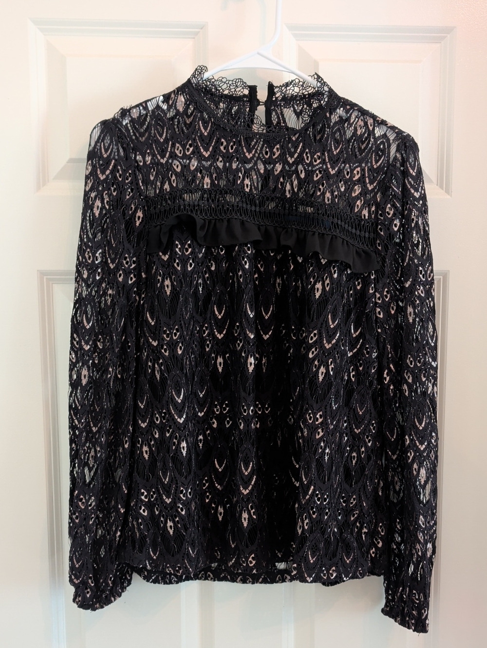 Blue Rain Black Lace Ruffle-Trim Long-Sleeve Blouse